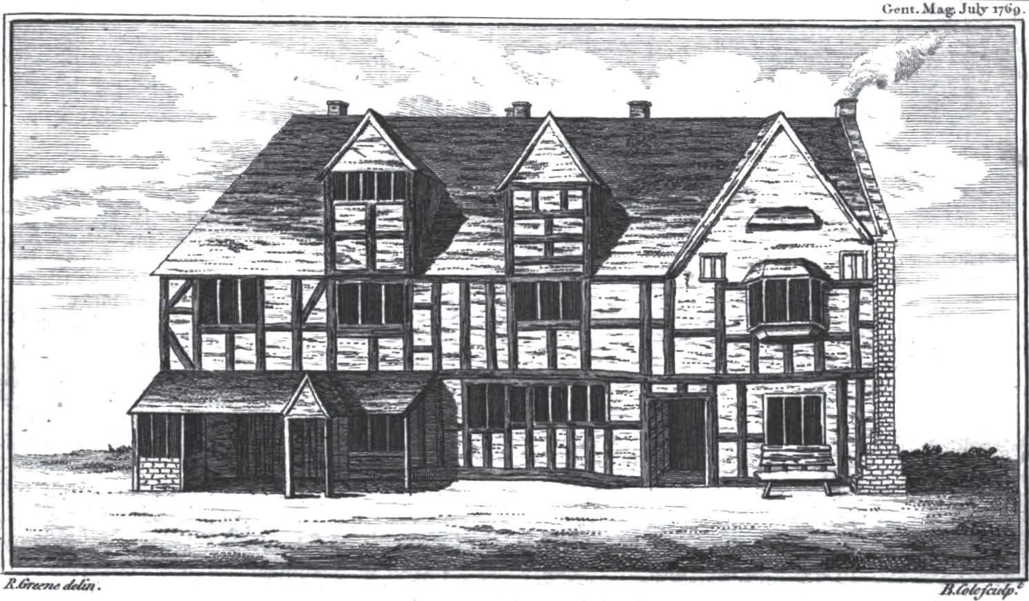 An engraving of the Henley Street houses in 1769, a long timber-framed range with the western cottage at the left, before the Victorian restoration.