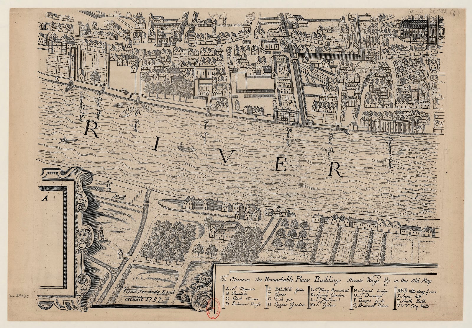 A sheet of the Agas map of London, about 1561, in Vertue's 1737 impression, showing Blackfriars on the river.