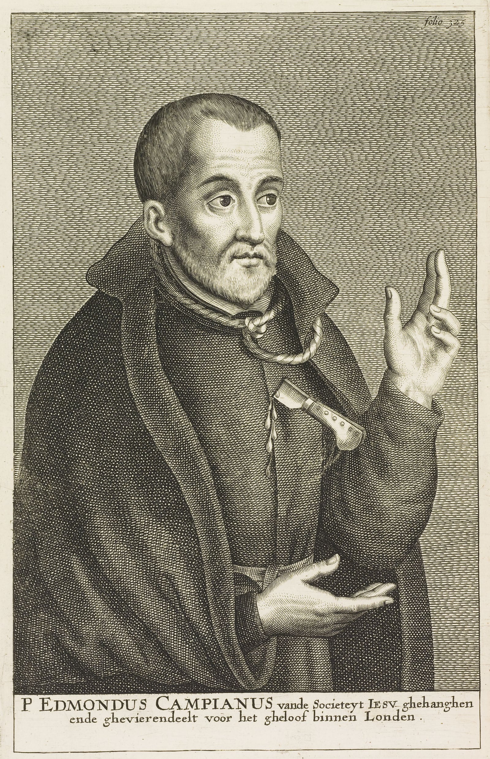 A seventeenth-century engraving of Edmund Campion, half length, with the rope and knife of his martyrdom.