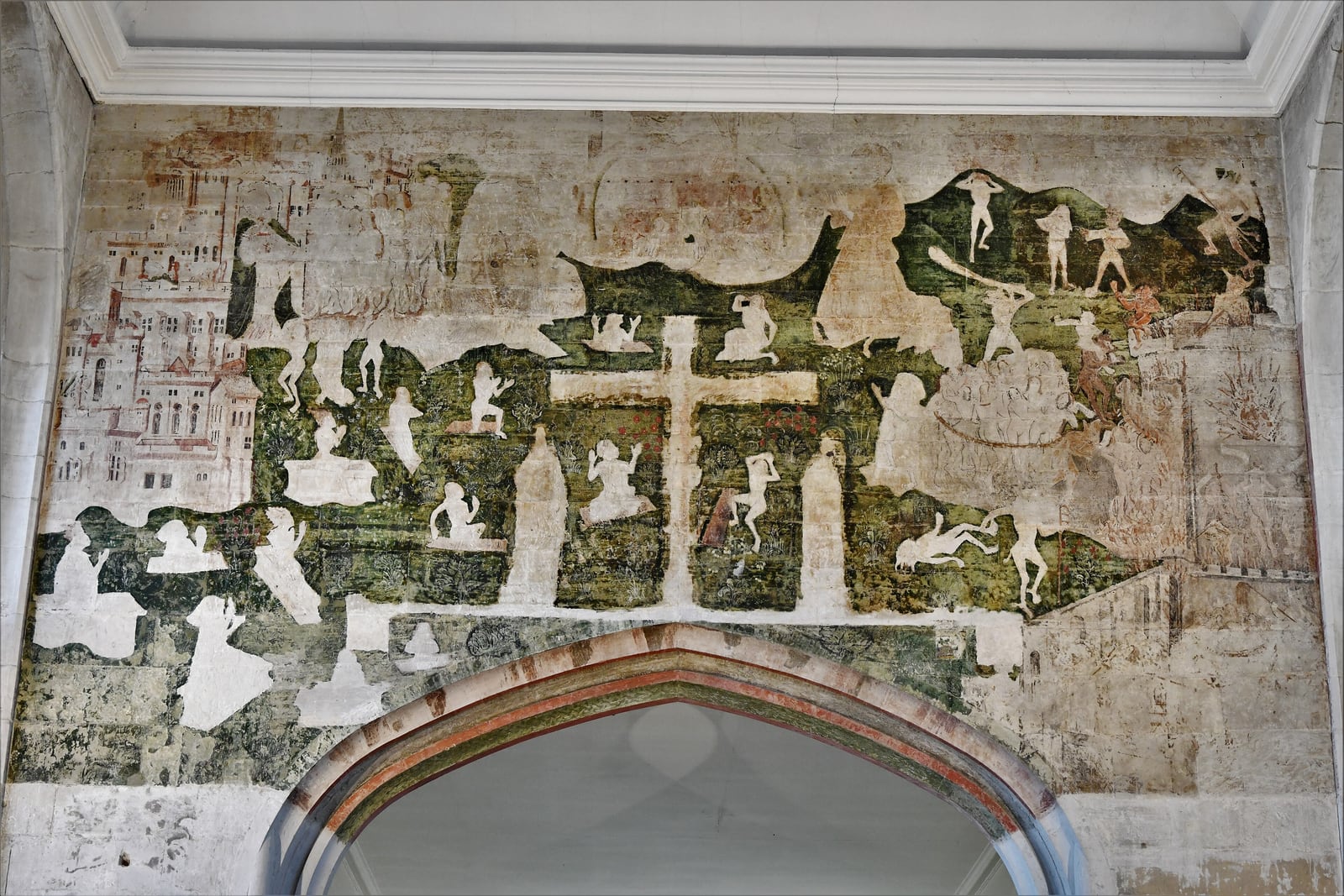 The Doom painting over the chancel arch of the Guild Chapel, Stratford: Christ in judgement with the saved and the damned, as conserved.
