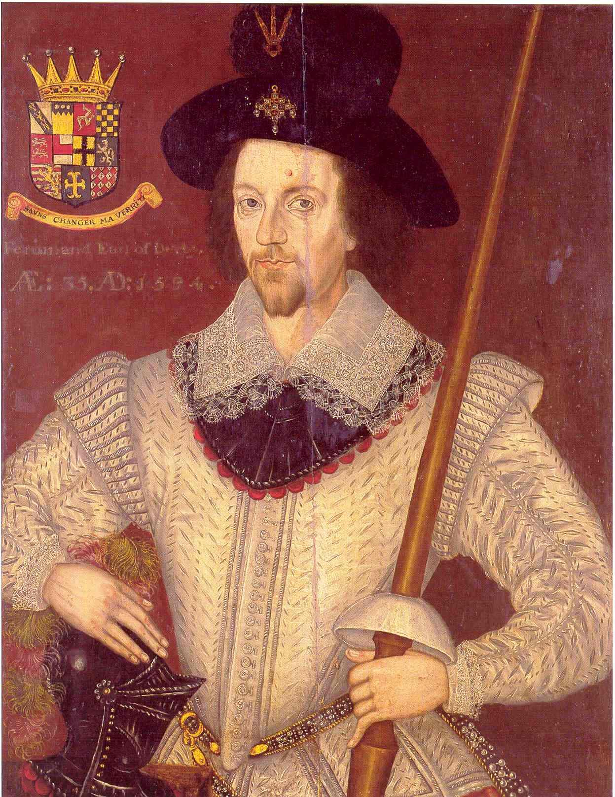 A 1594 portrait of Ferdinando Stanley, Lord Strange, fifth Earl of Derby, in a plumed hat and embroidered doublet.