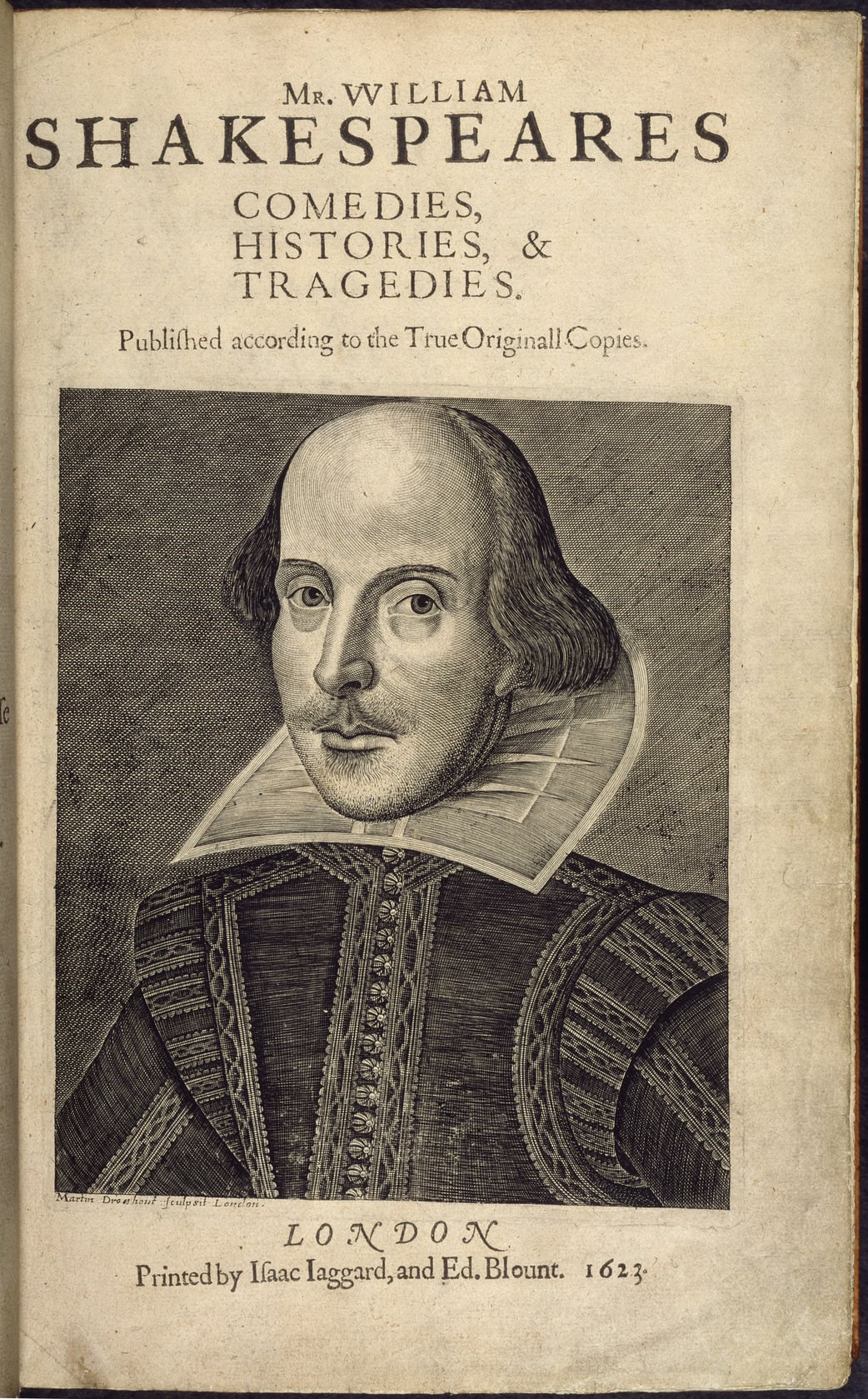 The title page of the 1623 First Folio with the Droeshout portrait.