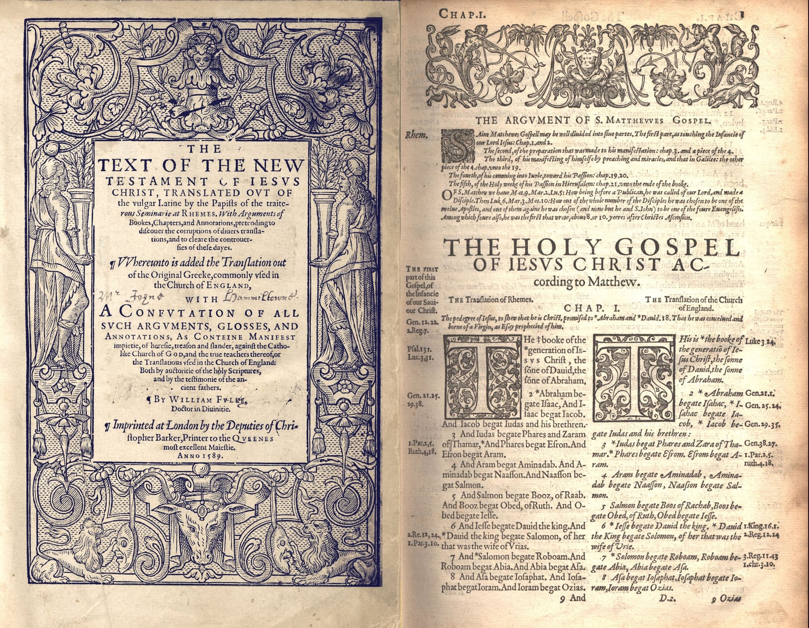 A two-page spread from Fulke's 1589 edition printing the Rheims New Testament in parallel with the Bishops' Bible.