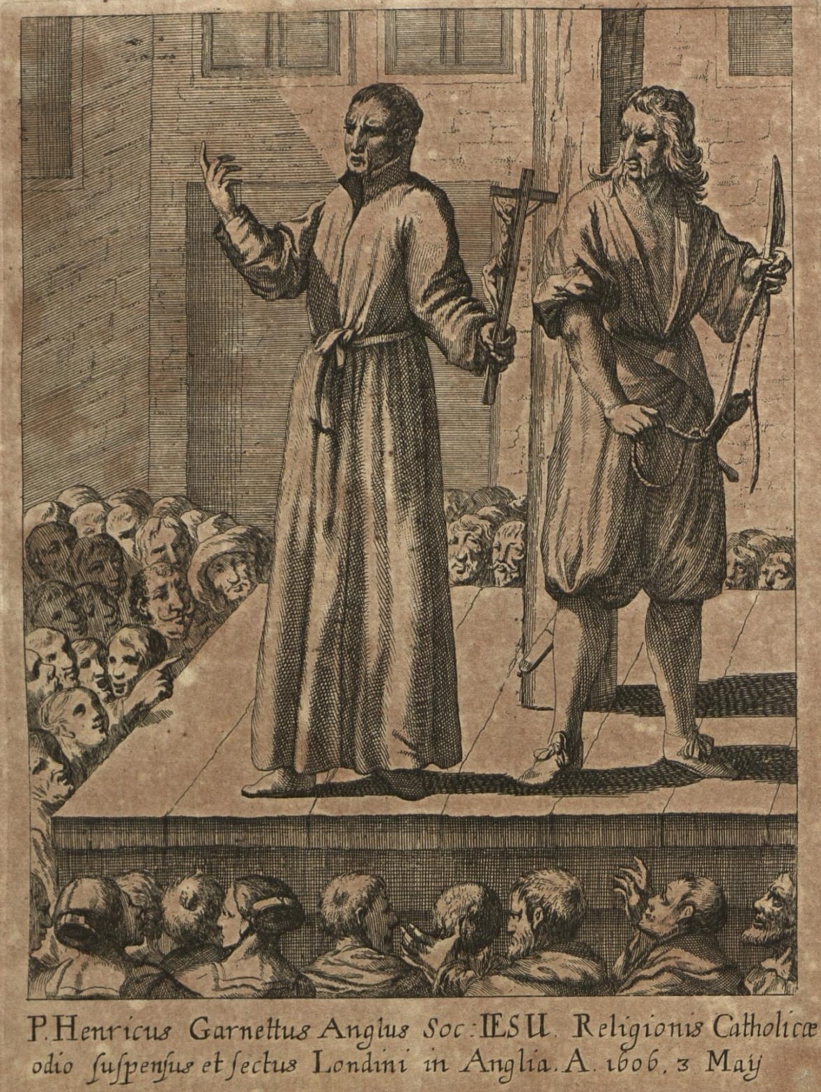 A 1675 engraving of Henry Garnet on the scaffold addressing the crowd, with the executioner beside him.