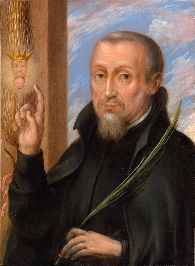 A seventeenth-century painting of Henry Garnet in a black Jesuit habit holding a martyr's palm.