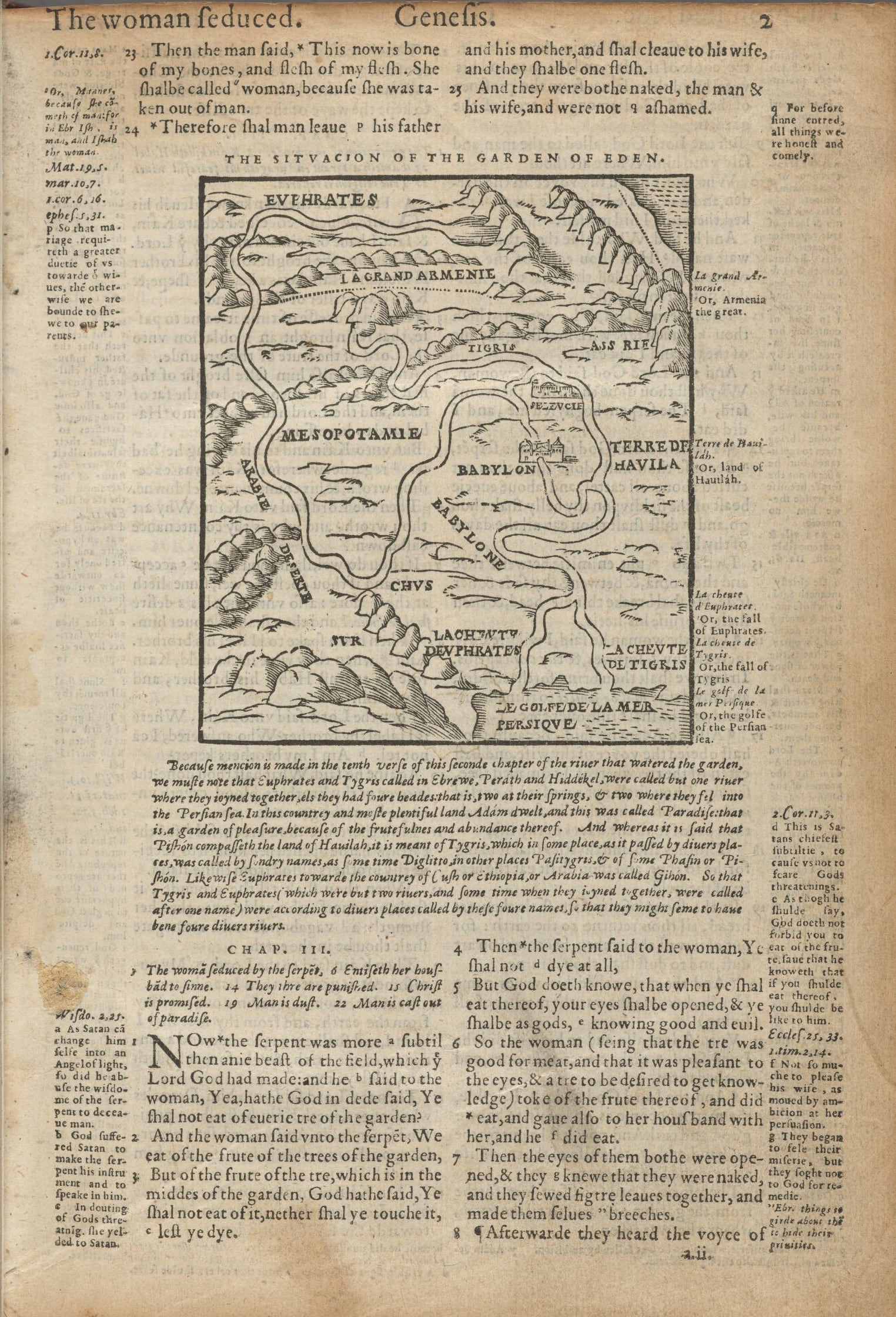 A leaf of the 1560 Geneva Bible, Genesis 2 to 3, with a woodcut map of Eden and dense marginal notes.