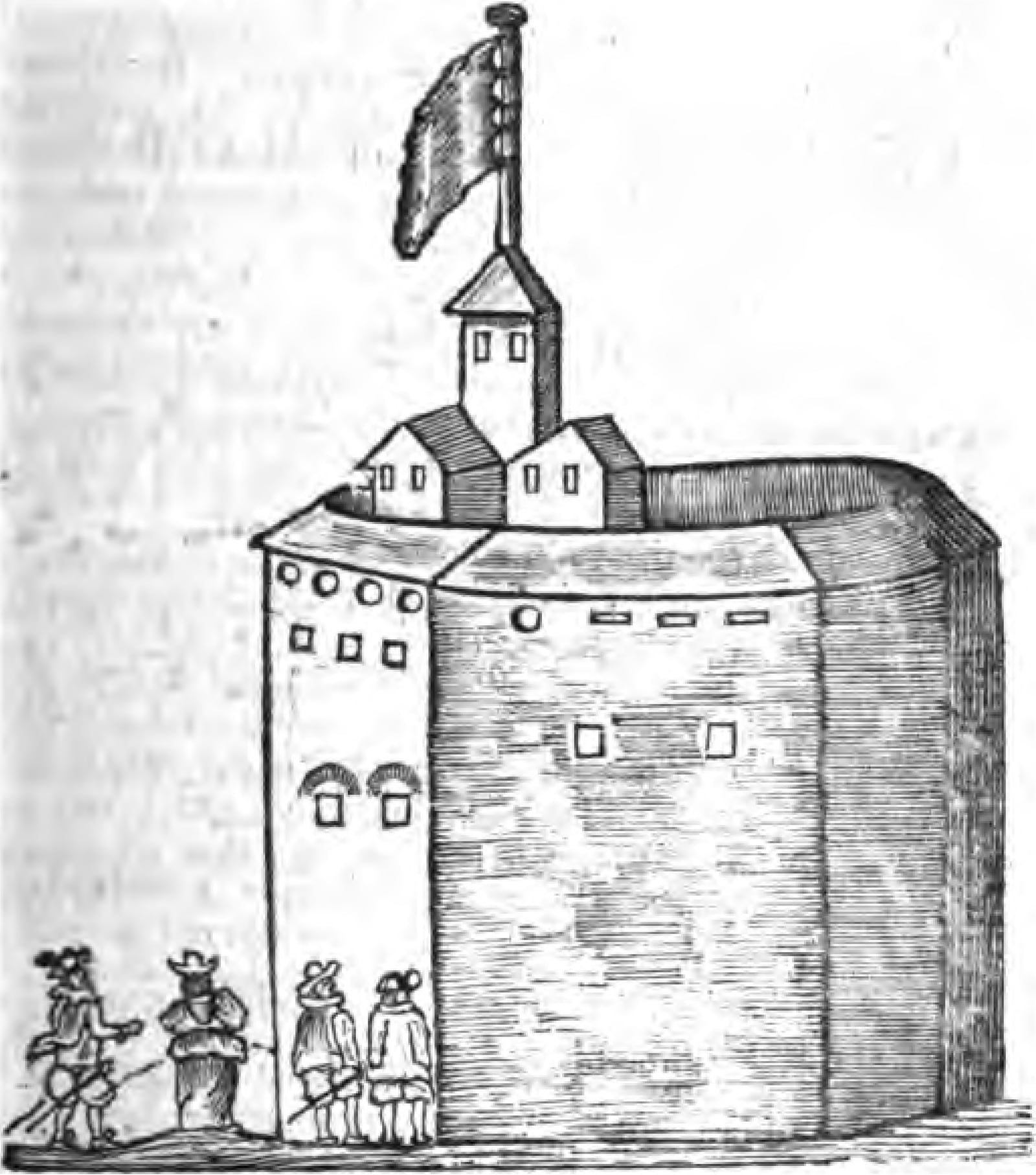 A detail of Visscher's 1616 view of London showing the polygonal Globe playhouse with its flag.