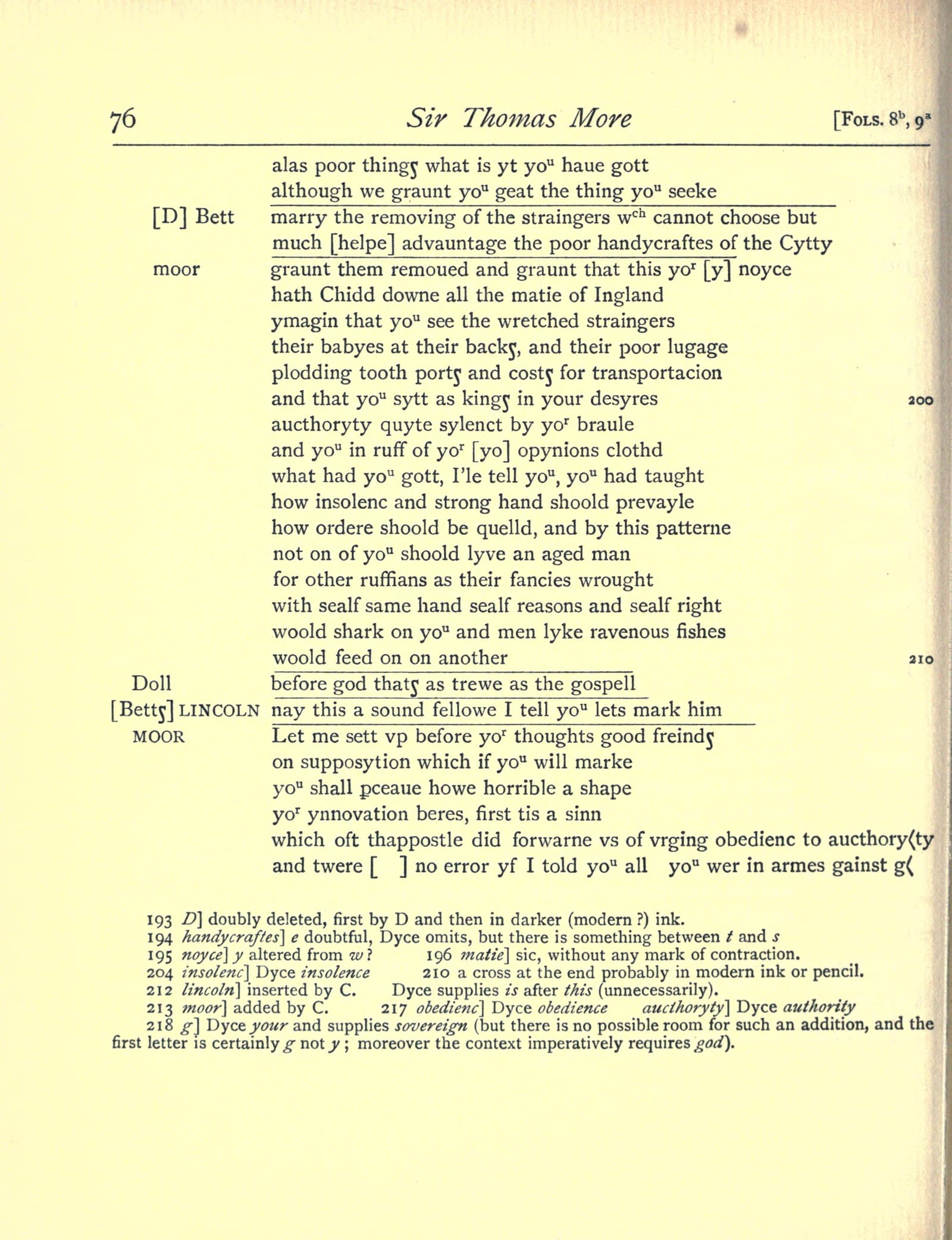 Page 76 of Greg's 1911 Malone Society edition of Sir Thomas More, the diplomatic transcript of the Hand D pages with More's speech to the rioters.