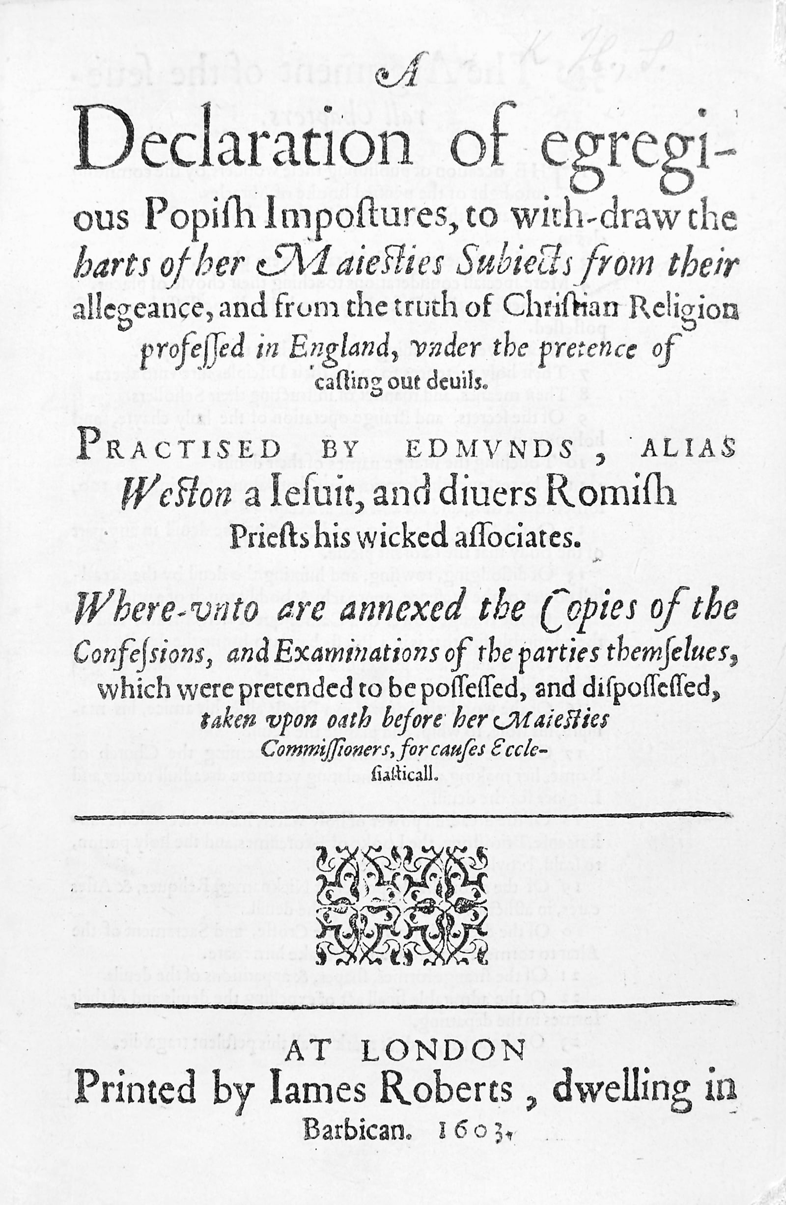 The 1603 title page of Samuel Harsnett's A Declaration of Egregious Popish Impostures.