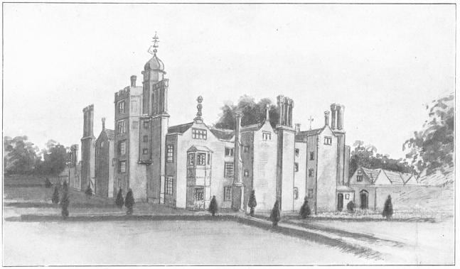 An old print of Hindlip Hall, Worcestershire, a tall many-gabled Elizabethan house, as it stood before its demolition in 1814.
