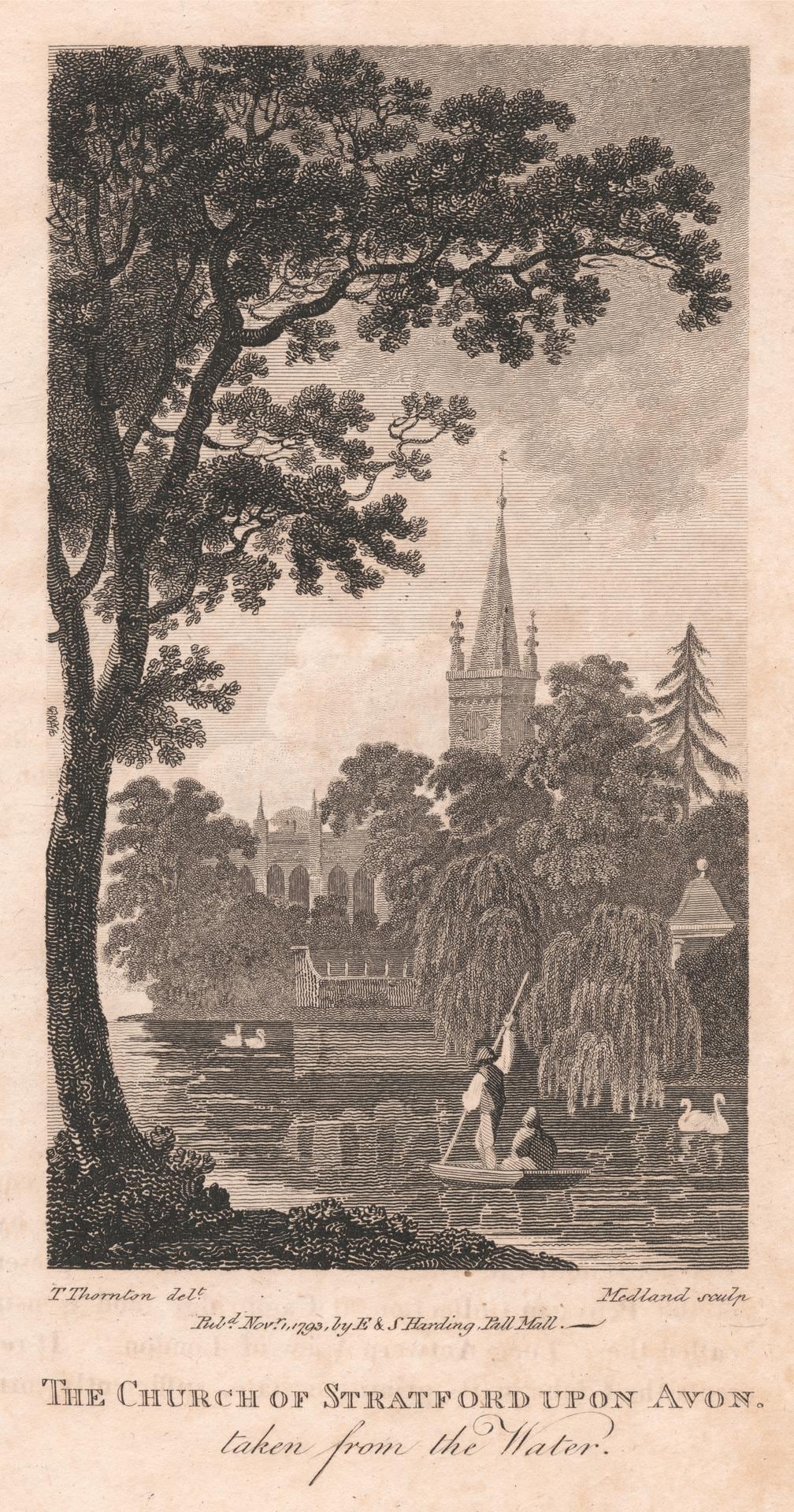 A 1793 engraving of Holy Trinity Church, Stratford, seen from the river.