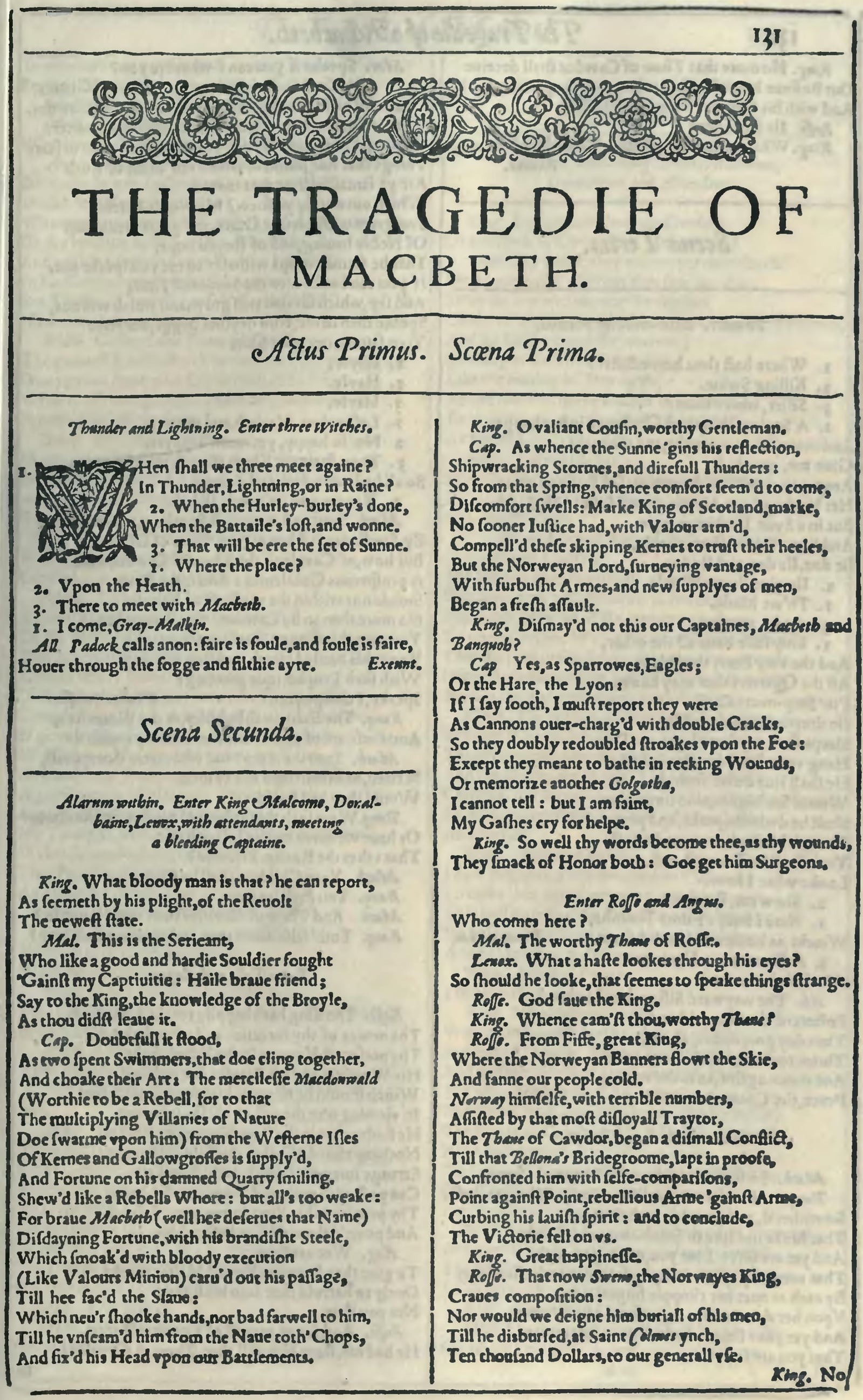 The first page of Macbeth in the 1623 First Folio.