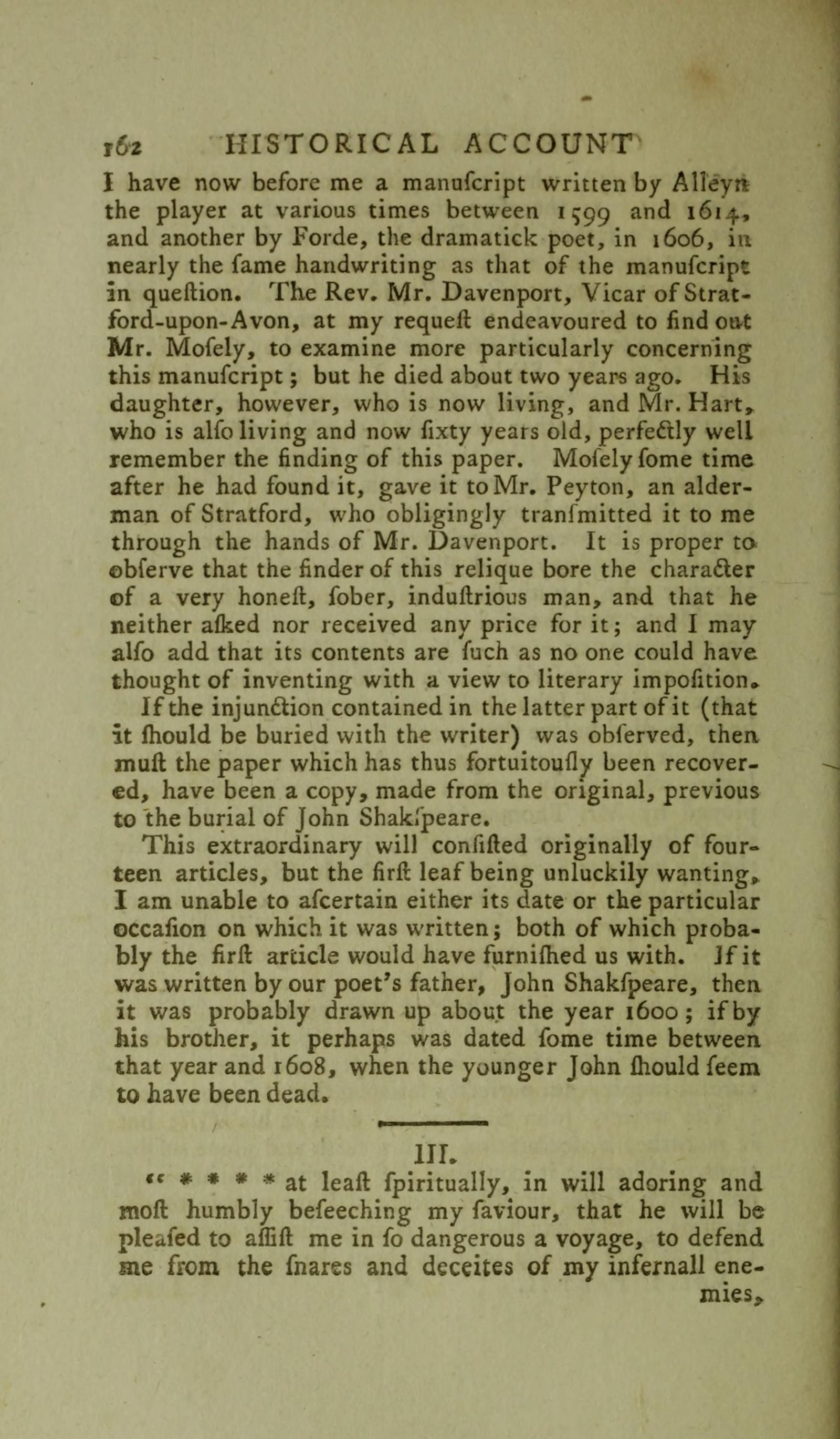 Page 162 of Malone's 1790 edition, where the printed text of the Spiritual Testament begins mid-sentence at Article III.