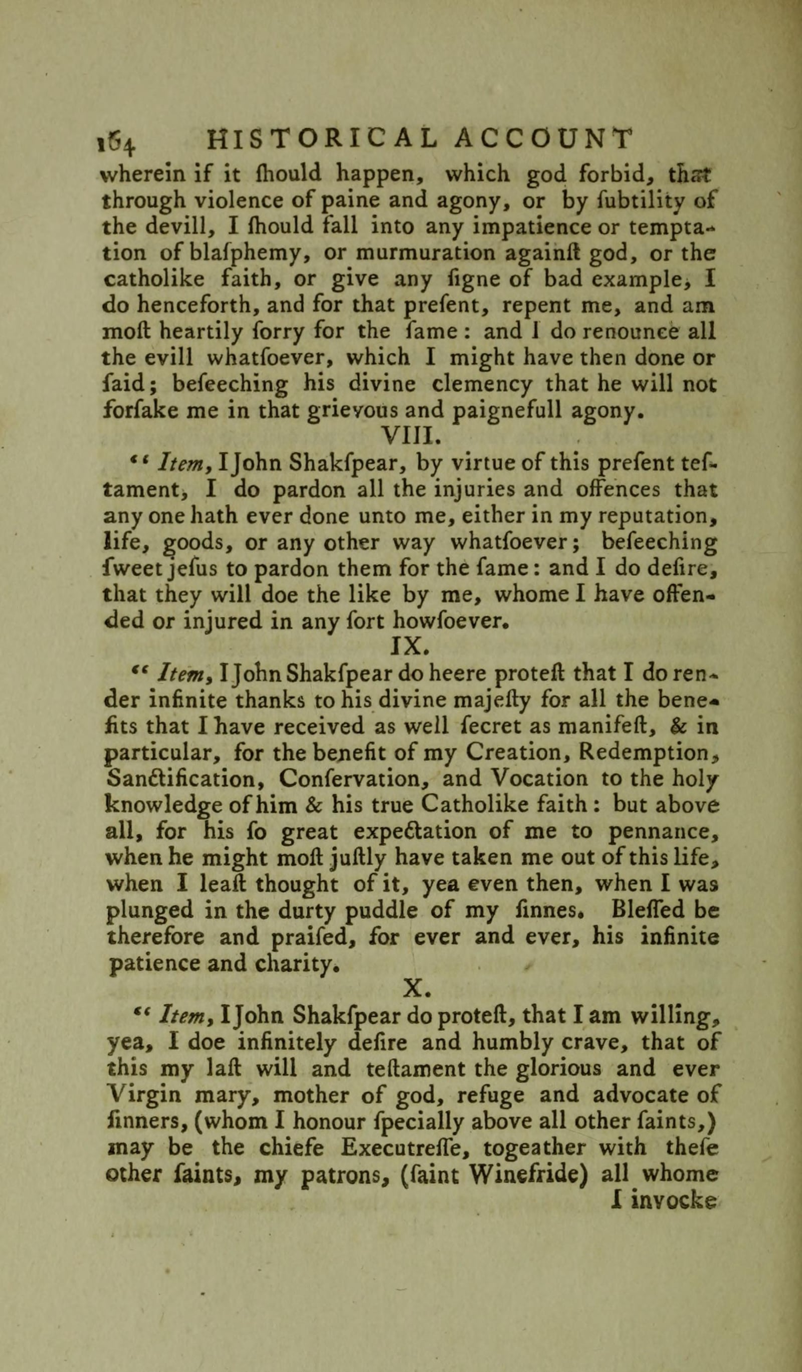 Page 164 of Malone's 1790 edition, Articles VII to X of the Testament, naming Saint Winefride.