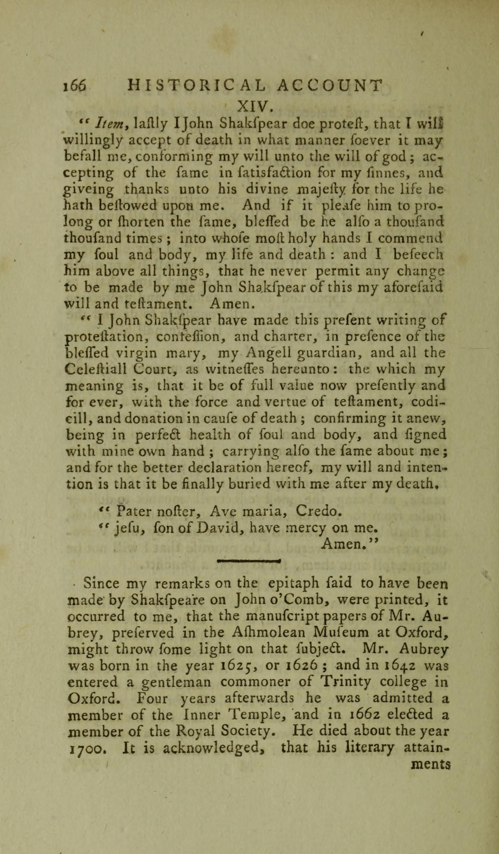 Page 166 of Malone's 1790 edition, the close of the Testament.