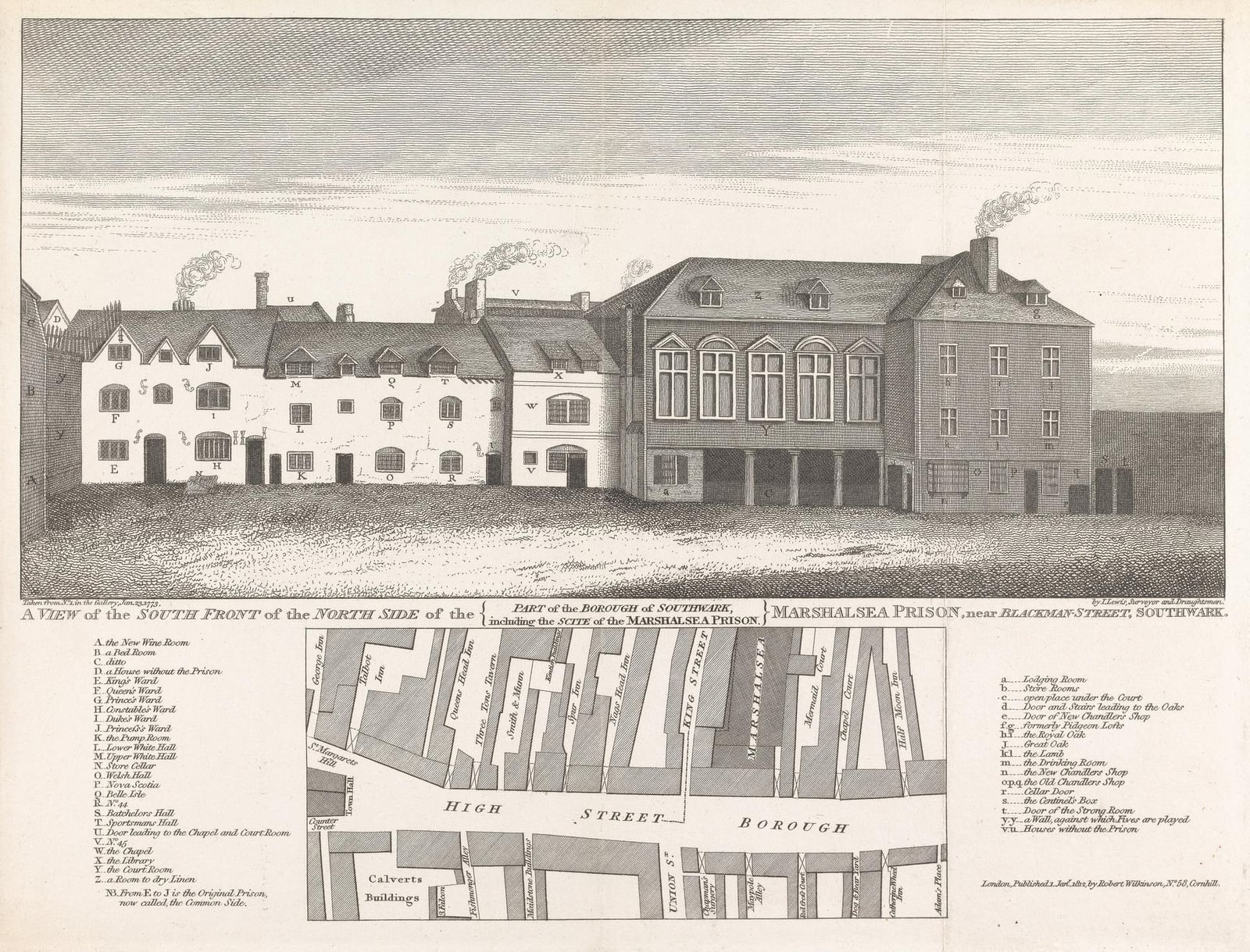 An engraving of the old Marshalsea prison in Southwark, drawn in 1773.
