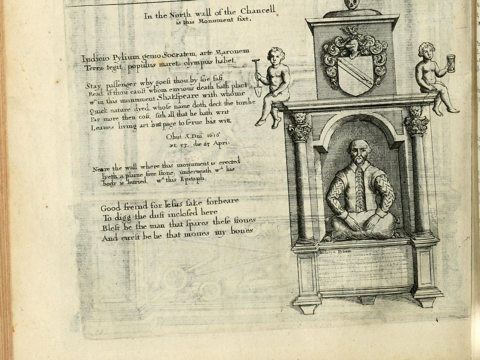 Dugdale's 1656 engraving of the Shakespeare monument in Holy Trinity, with the epitaph and the grave curse written out beside it.