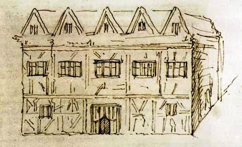 George Vertue's 1737 pen sketch of New Place, Stratford: a gabled timber-framed front with rows of windows.