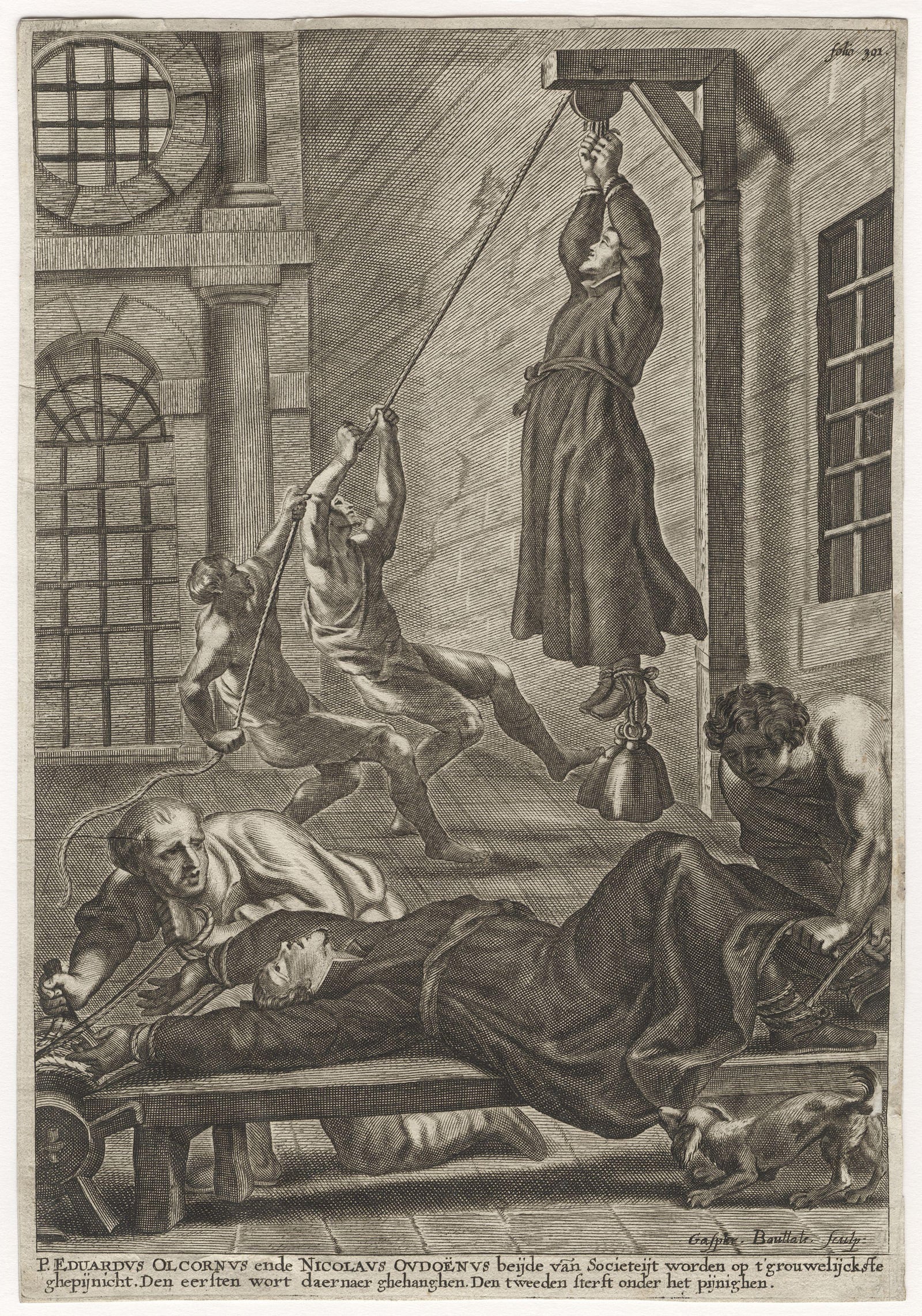 A seventeenth-century engraving of Edward Oldcorne and Nicholas Owen under torture in a prison.