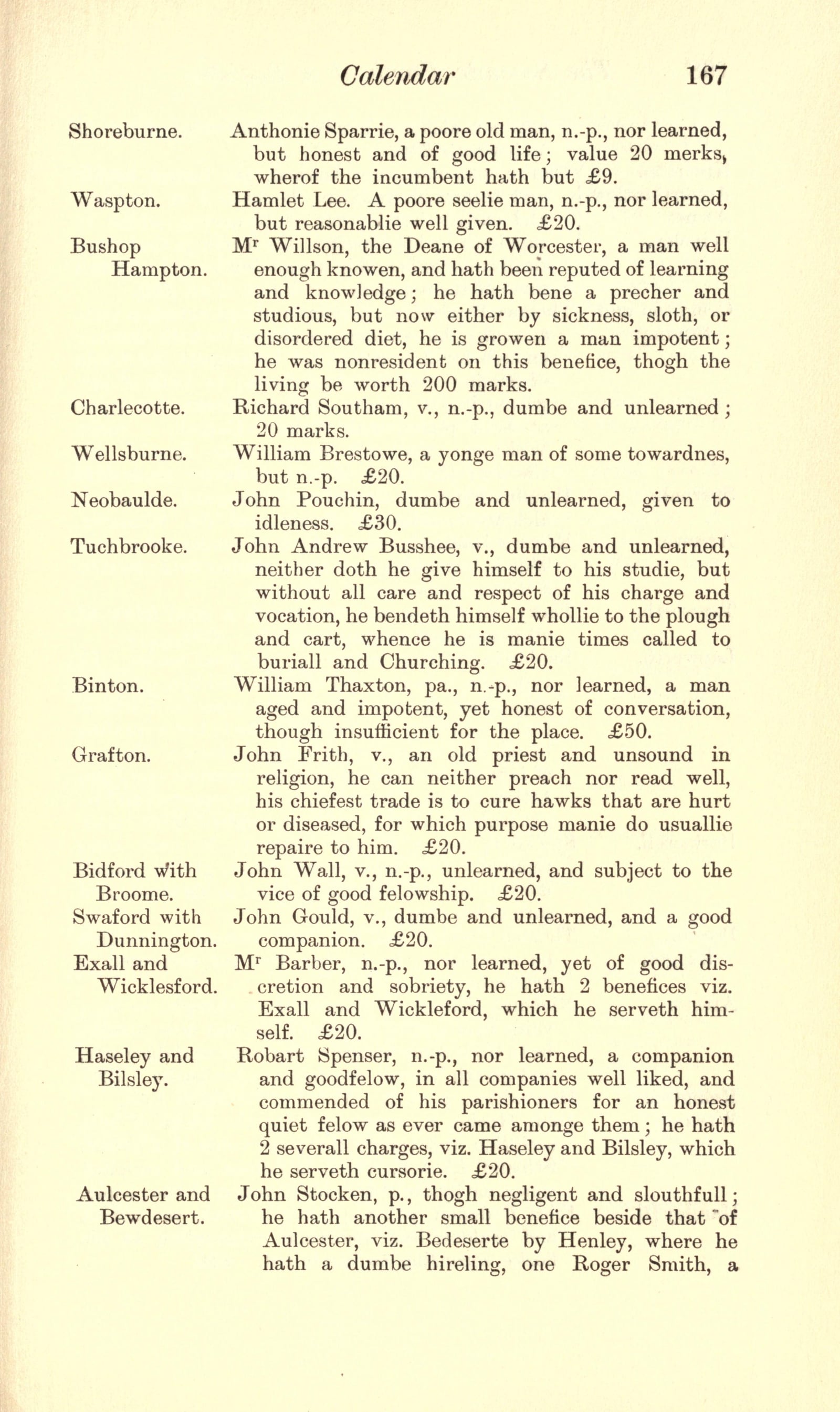 Page 167 of Peel's 1915 edition of the Seconde Parte of a Register, listing Warwickshire clergy in 1586, including John Frith of Grafton, an old priest and unsound in religion.