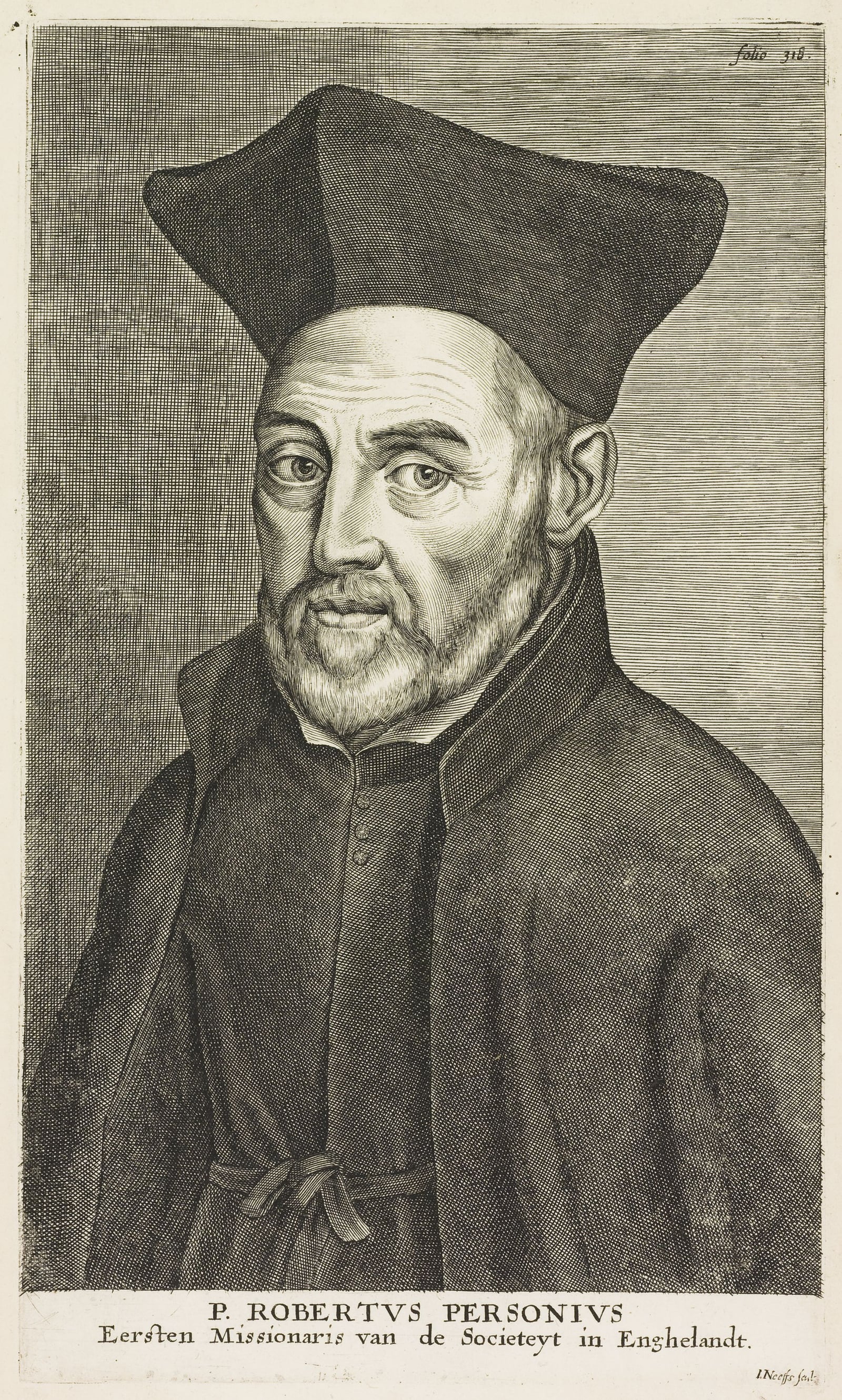 A seventeenth-century engraving of Robert Persons in biretta and Jesuit cassock.