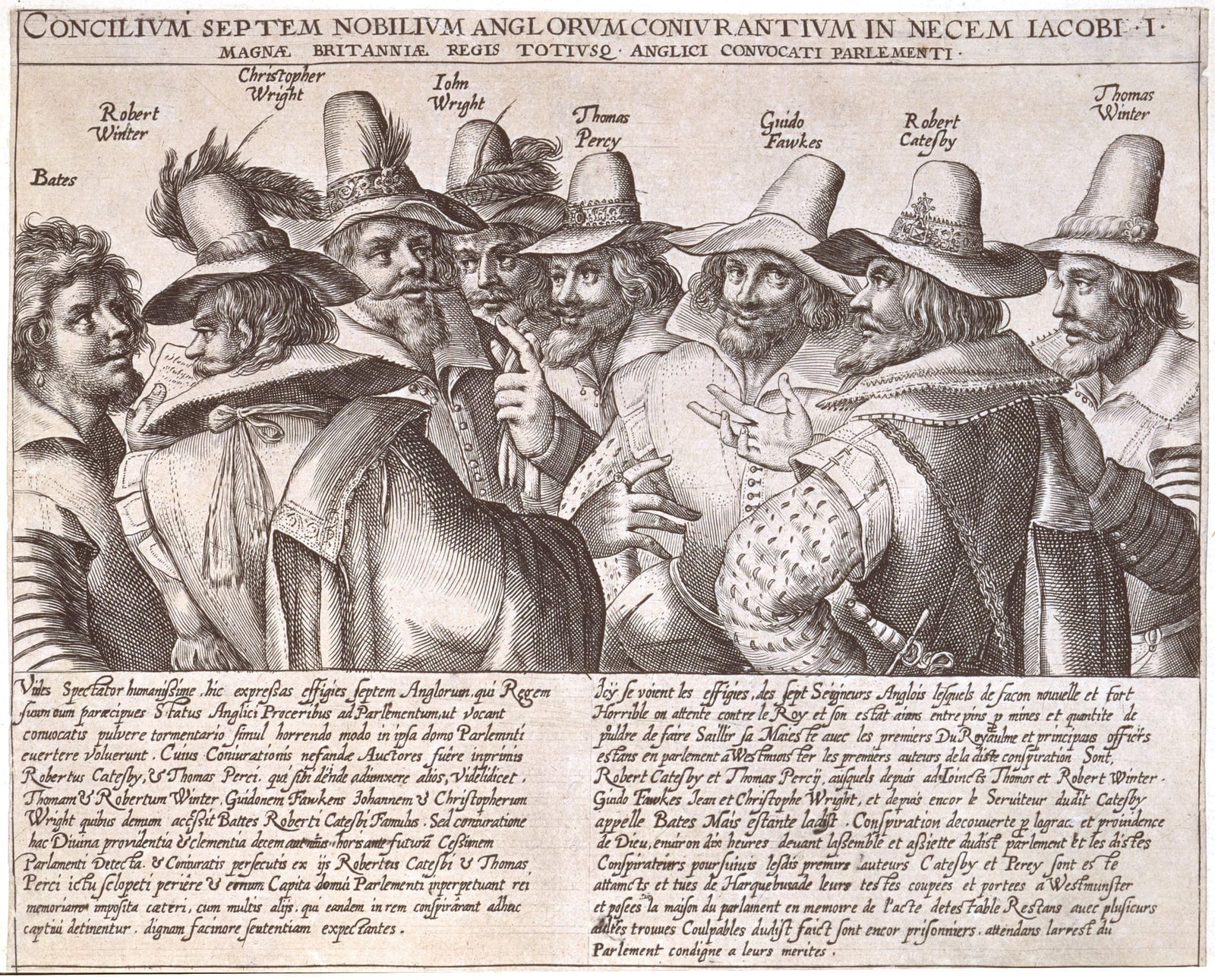 The 1605 engraving by Crispijn van de Passe of eight Gunpowder plotters in tall hats conferring in a row.