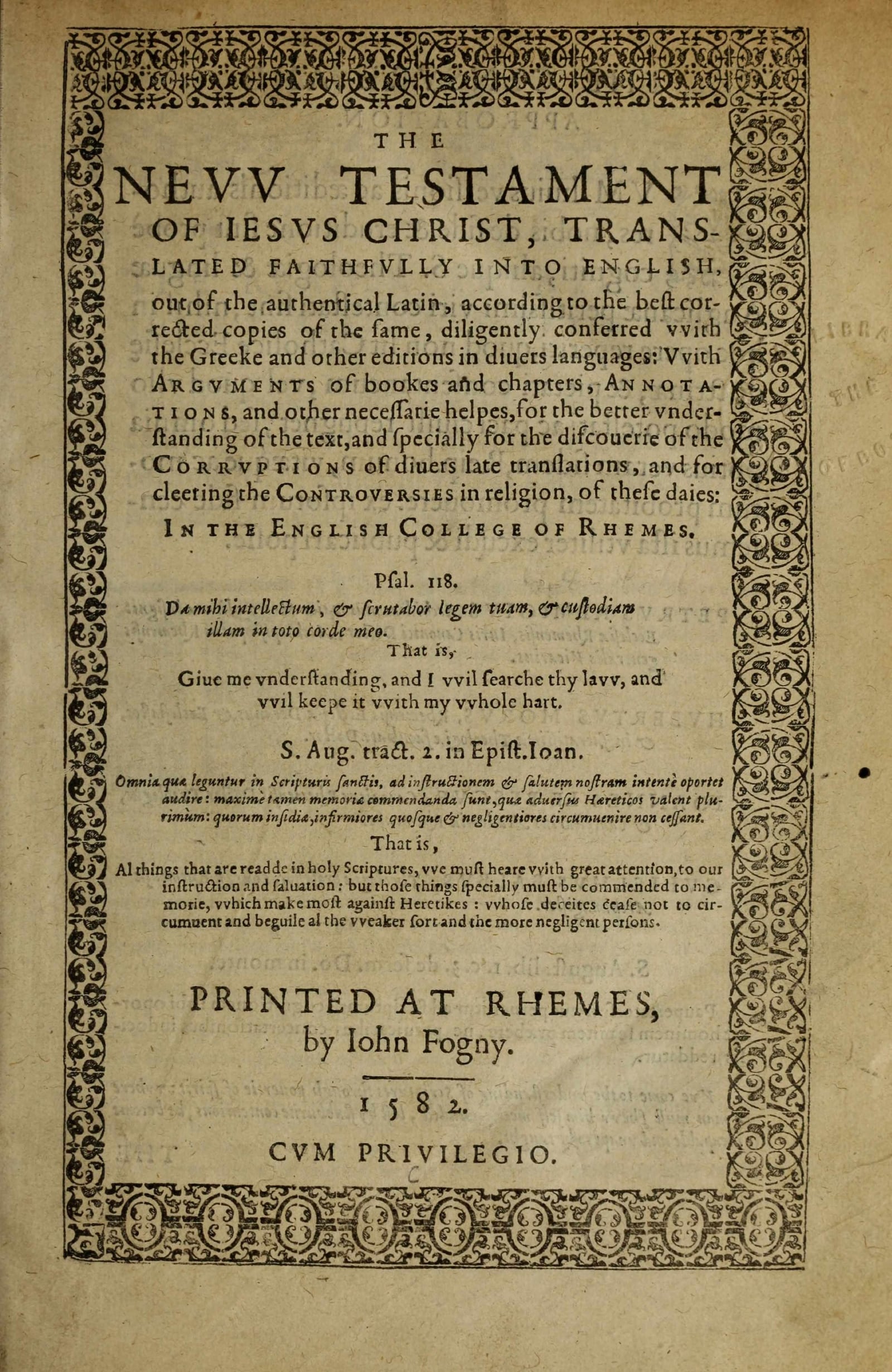 The title page of the Rheims New Testament, 1582, inside a woodcut border.