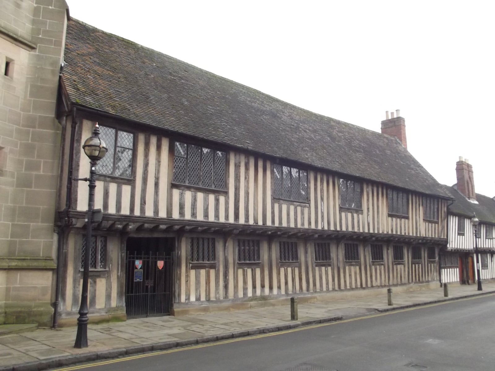 The timber-framed Guildhall on Church Street, Stratford, whose upper floor was the grammar school's schoolroom.
