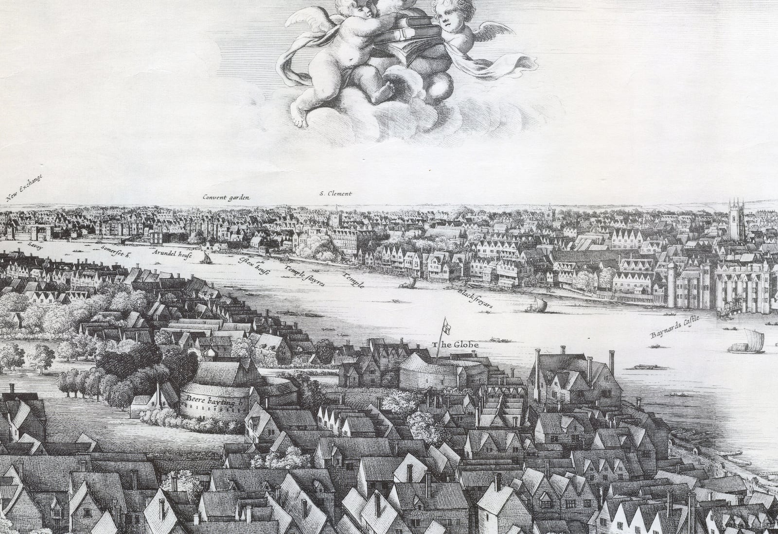 The Bankside section of Hollar's 1647 Long View of London, with the playhouses and the Thames.