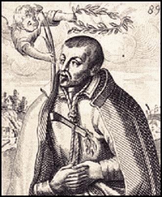 A small period engraving of Robert Southwell with a rope round his neck and a knife at his breast.