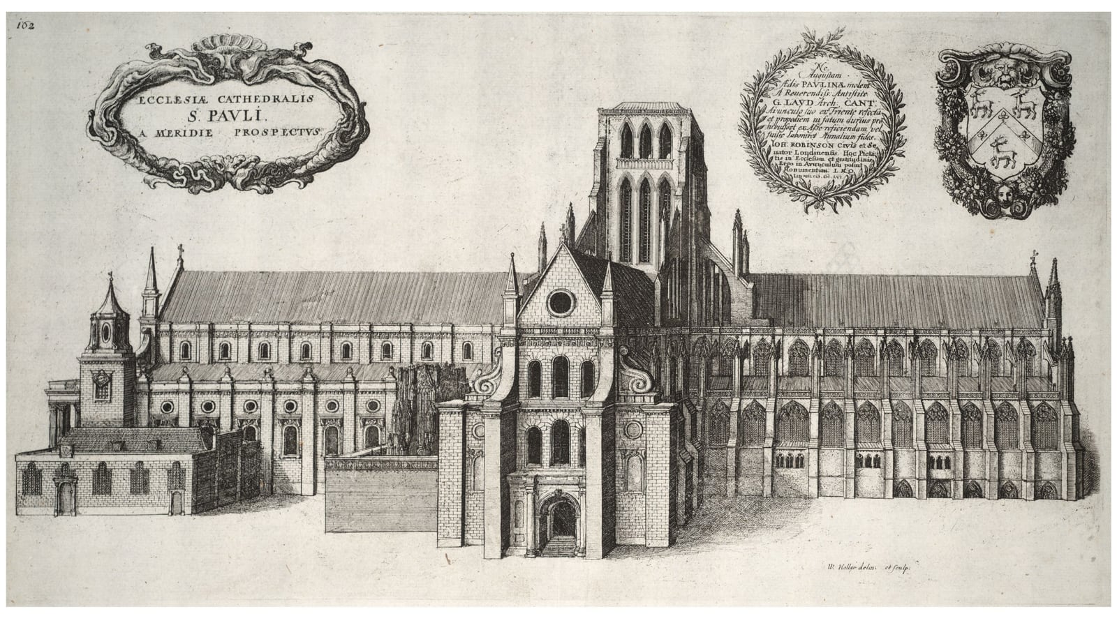 Hollar's etching of the south side of Old St Paul's Cathedral before the Great Fire.