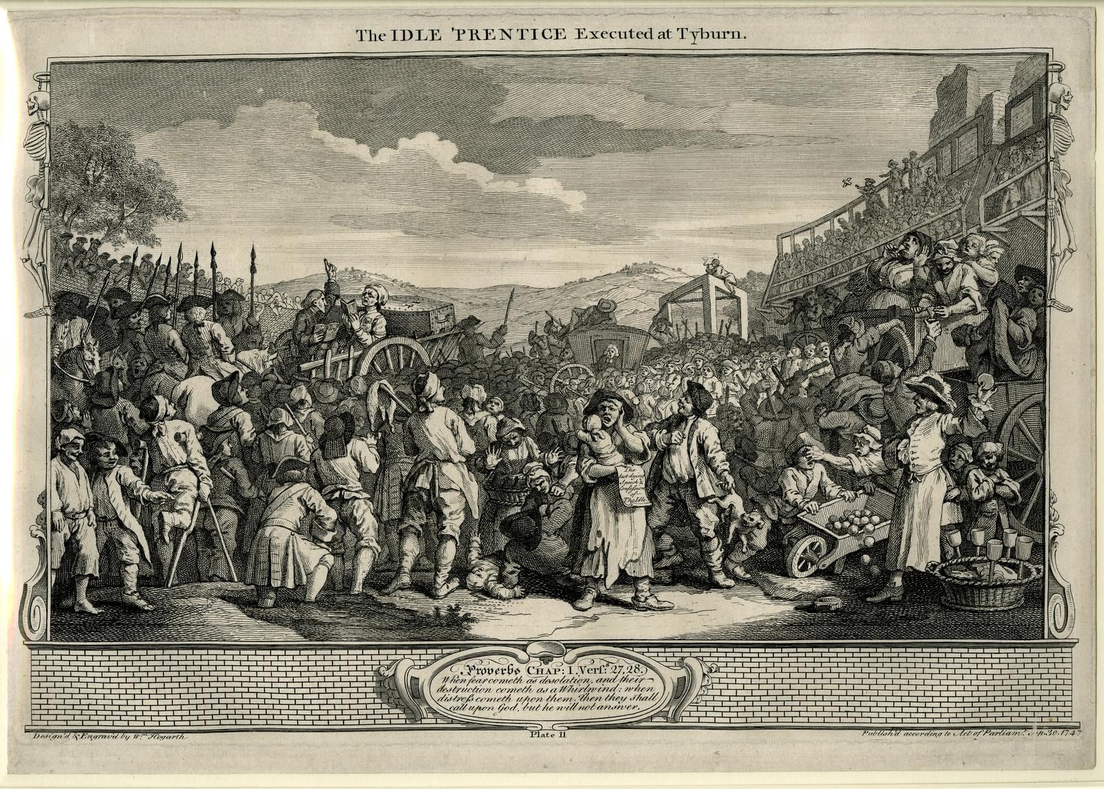Hogarth's 1747 engraving of an execution crowd at Tyburn with the triple gallows in the distance.