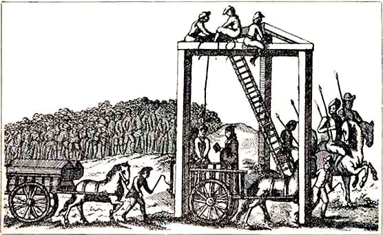 An engraving of about 1680 of the three-legged Tyburn gallows with a condemned man in a cart beneath it.