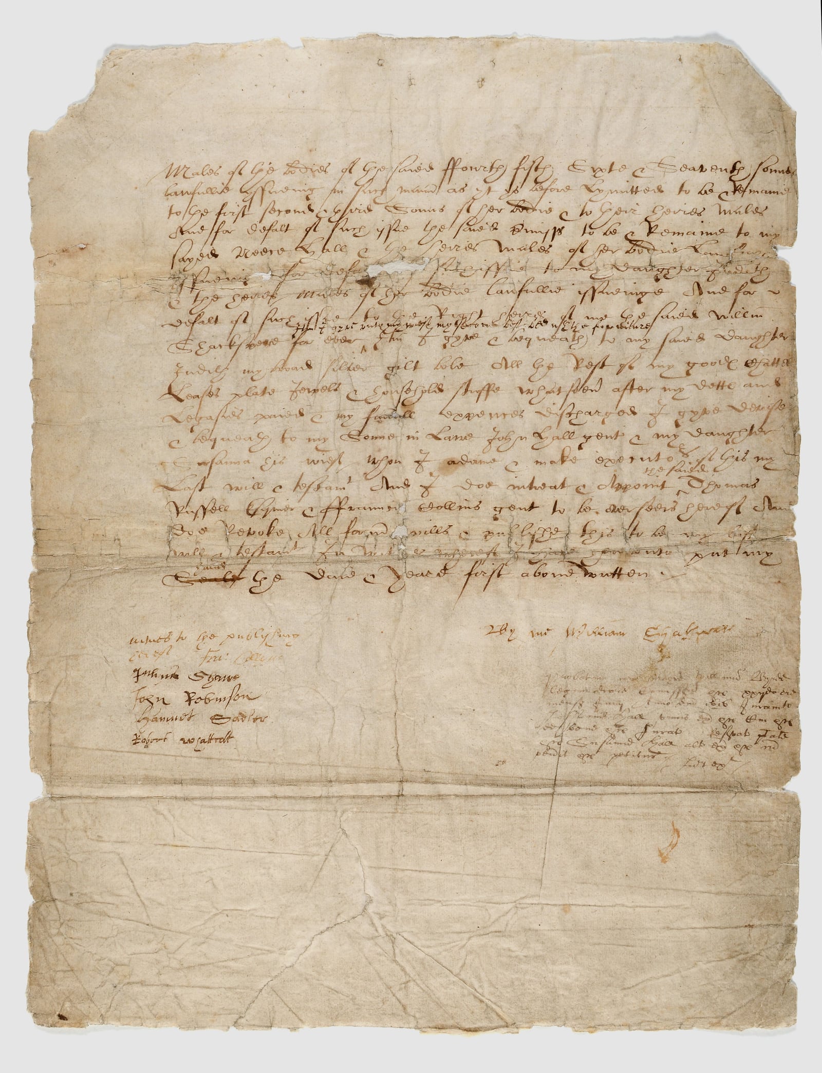 The third sheet of Shakespeare's will, 1616, closely written in secretary hand, with the signature at the foot.
